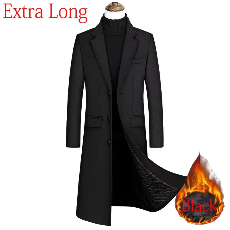 2023 Neue Extra Lange Wolle Graben Mantel Männlichen Winter Marke Mens Cashmere Mantel Slim Fit Woll Peacoat Windjacke Manteau Homme 4XL