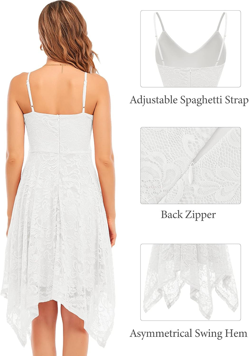 Women'S Lace Cocktail Dresses Adjustable Spaghetti Strap Backless Handkerchief Hem Asymmetrical Dress