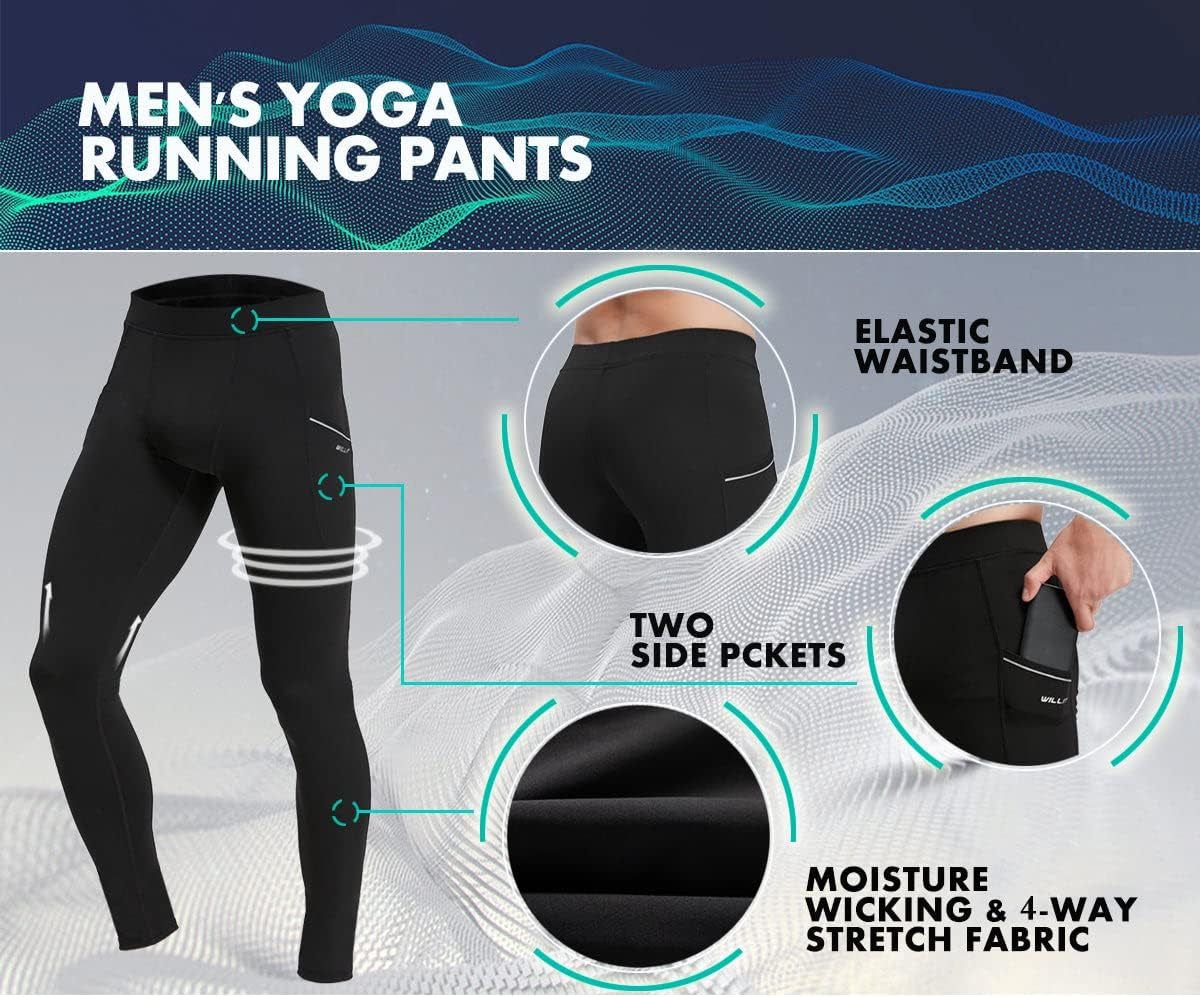 Men'S Active Yoga Leggings Pants Running Dance Tights with Pockets Cycling Workout Pants Quick Dry