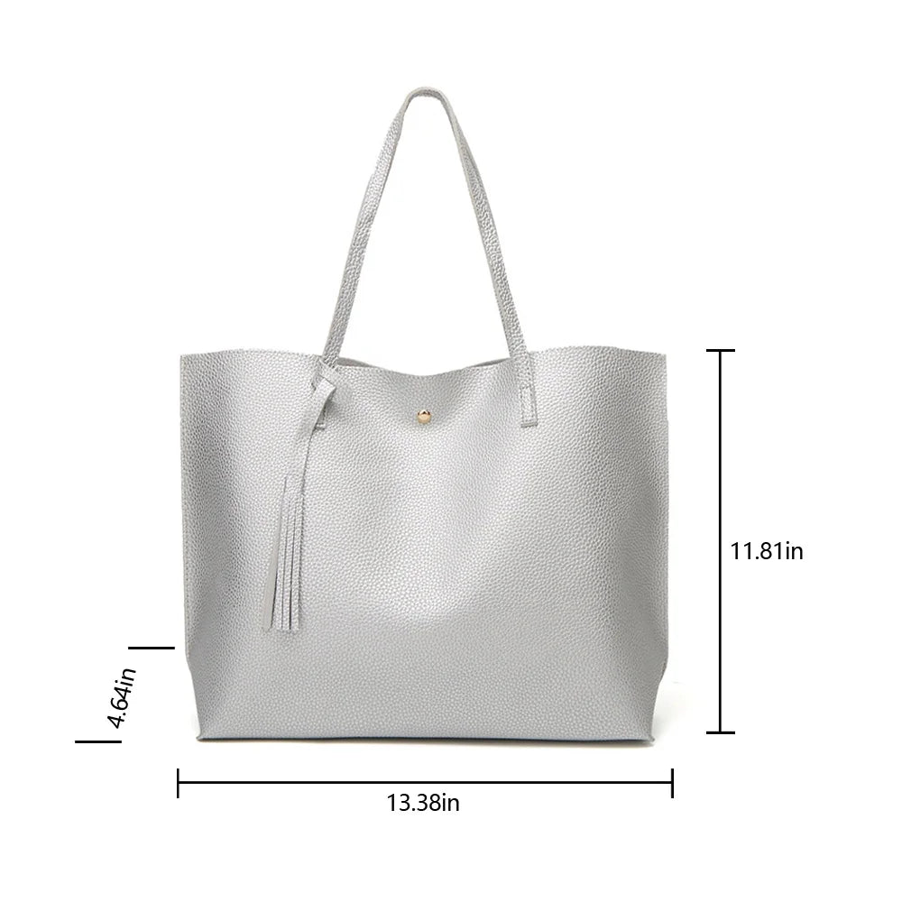 Tassel Tote Leather Bag for Women, Ladies Large Capacity Fashion Shoulder Handbag Bag Purses Satchel Messenger Bags for Woman Work Shopping - Silver