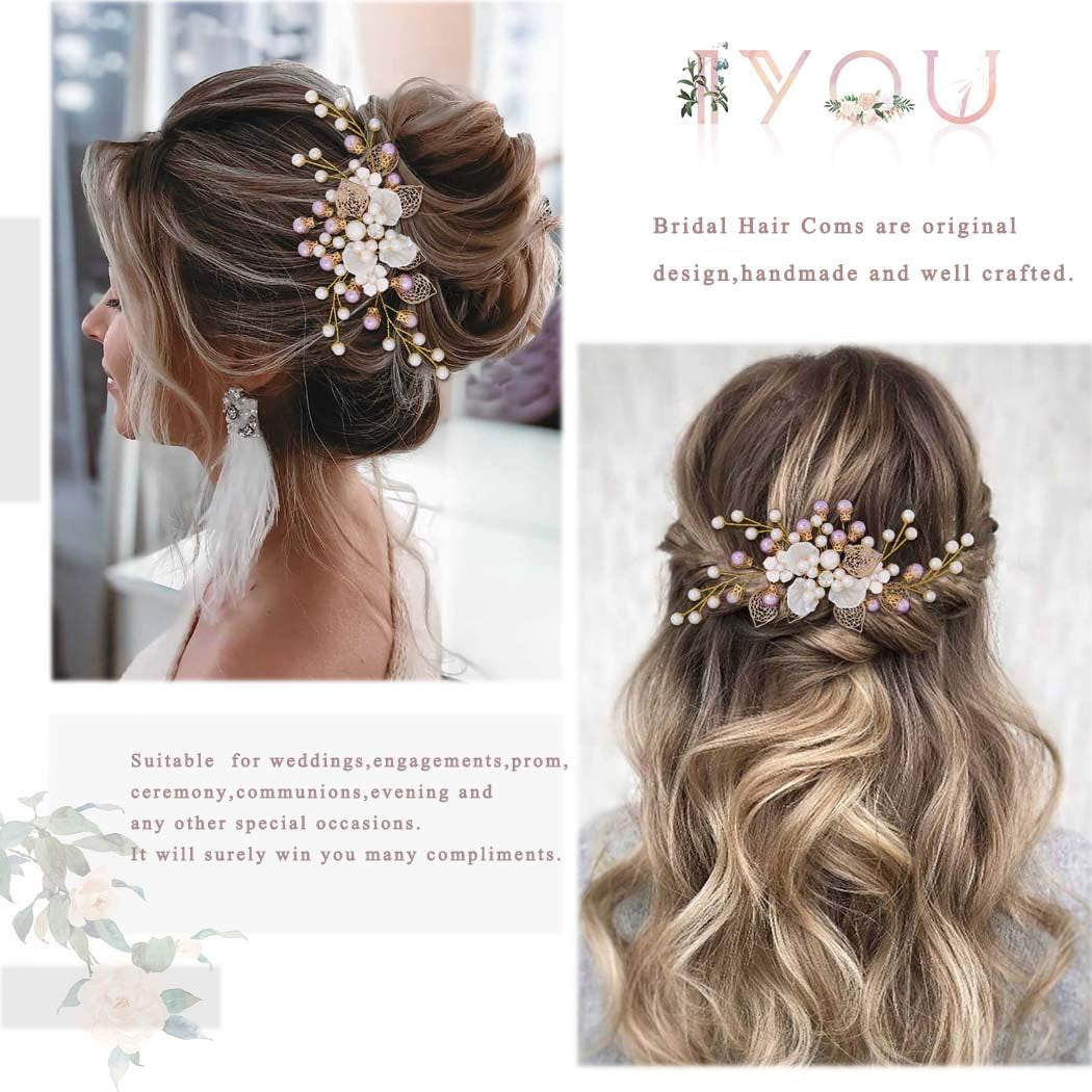 IYOU Perle Braut Haar Kamm Gold Blume Hochzeit Seite Kämme Blatt Braut Brautjungfer Haarschmuck Für Frauen