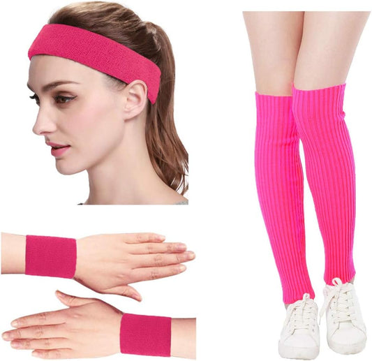 Kimberly'S Knit Women 80S Neon Pink Running Headband Wristbands Leg Warmers Set (Free, Hotpink)