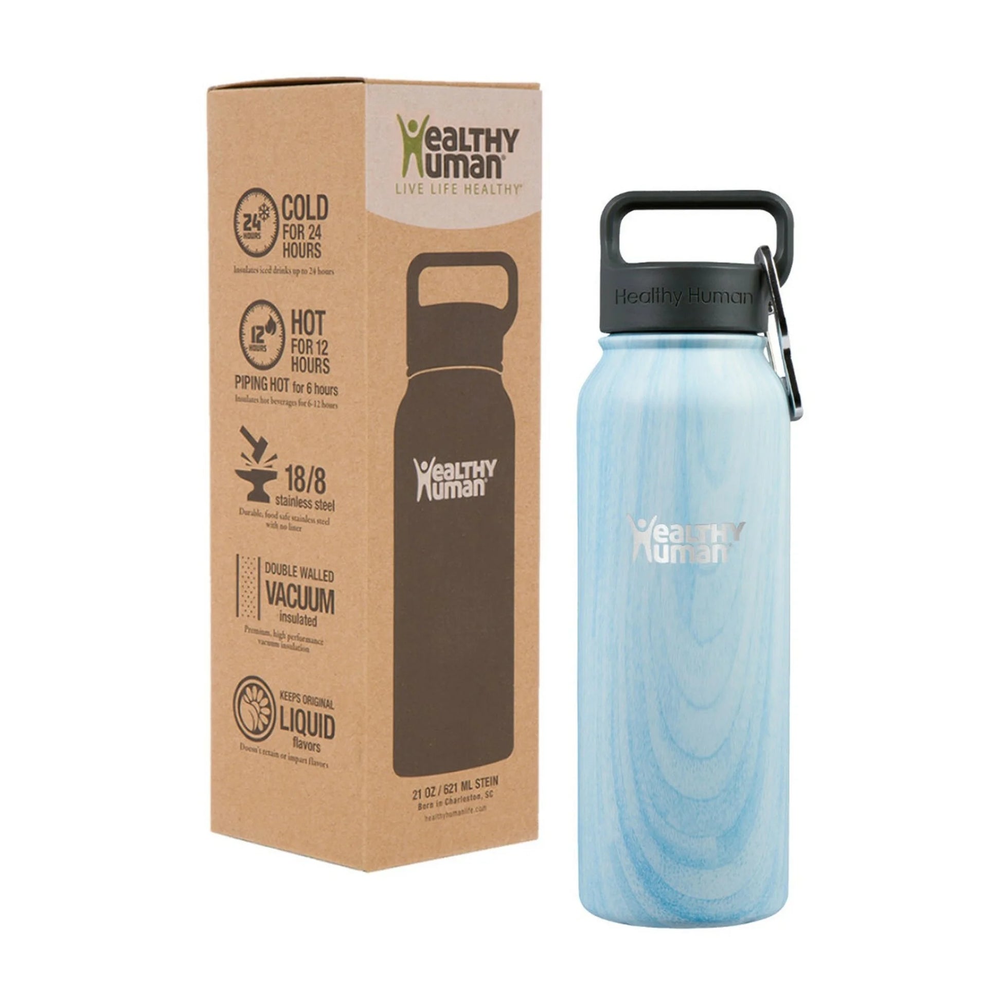 Stainless Steel Water Bottle | Double Walled Vacuum Insulated Water Thermos for Adults | Eco-Friendly Travel Bottles with Leak Proof Lid (Blue Wood, 21 Oz/ 621 ML)