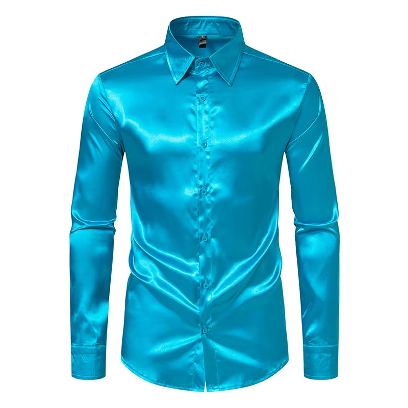 Männer Schwarz Satin Luxus Kleid Shirts 2023 Seide Glatte Männer Smoking Hemd Slim Fit Hochzeit Party Prom Casual Hemd Chemise Homme