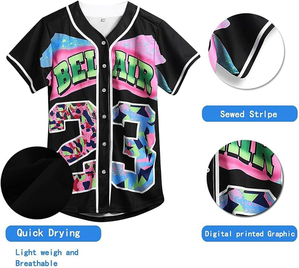 90S Clothing for Women,Unisex Hip Hop Outfit for Party,Bel Air Baseball Jersey,Short Sleeve Button down Shirt