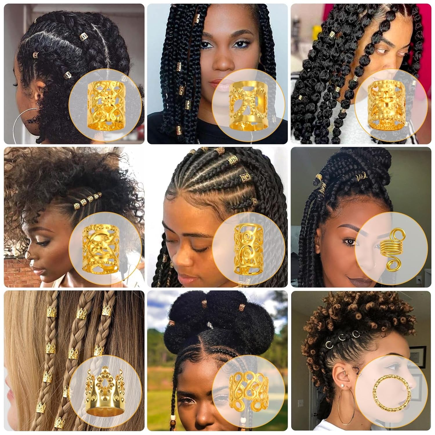 220 Stück Gold-Haarschmuck Für Zöpfe, Loc Schmuck Für Haar-Dreadlock, Haaranhänger Für Frauen, Metall-Gold-Zöpfe, Ringe, Manschetten-Clips Für Dreadlock-Zubehör, Haar-Zöpfe