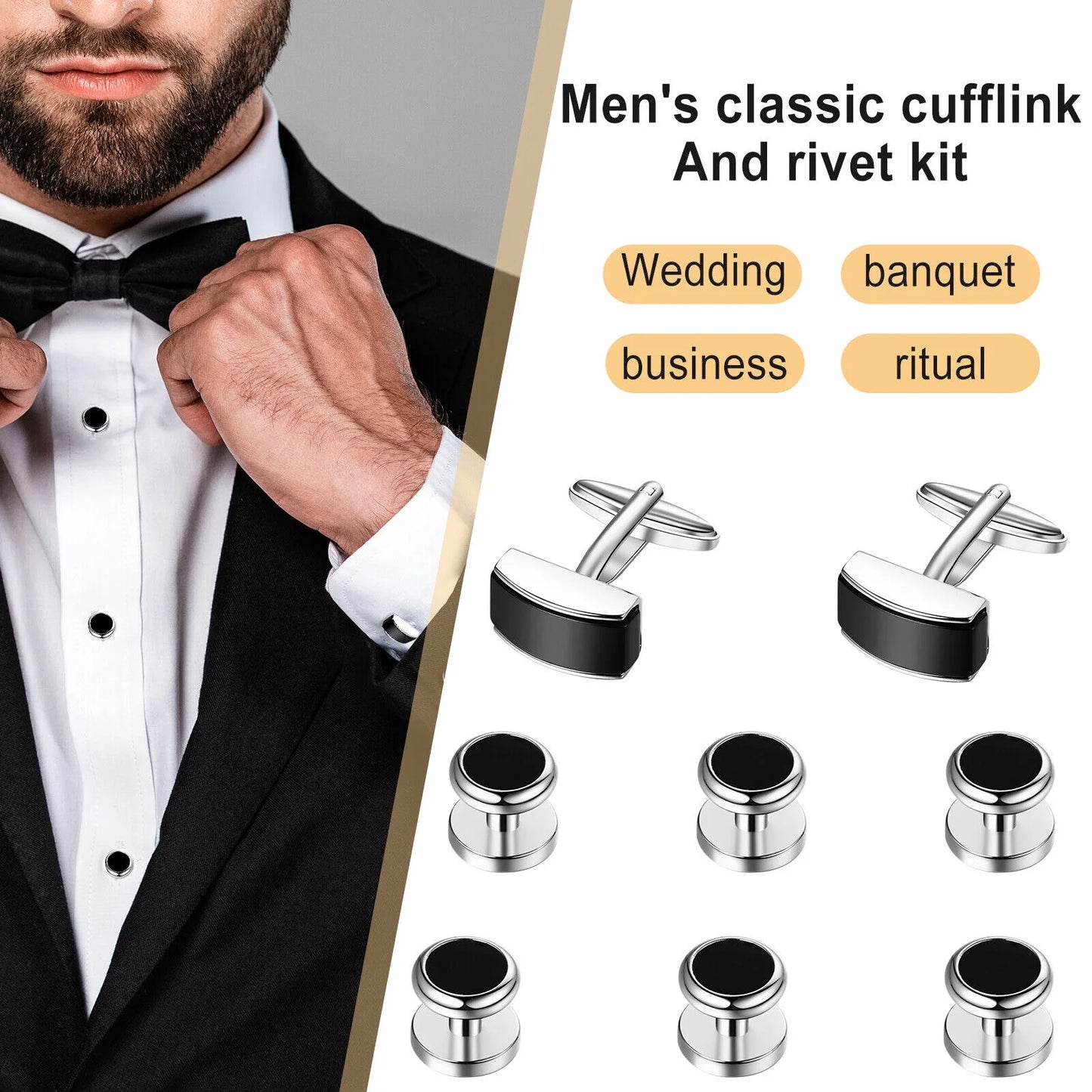 8Pcs Men'S Tuxedo Shirt Cufflinks and Studs Set for Christmas Wedding Banquet Ceremony