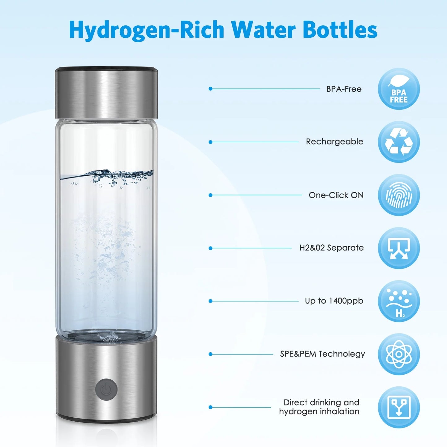 Hydrogen Water Bottle,  460ML Rechargeable Hydrogen Water Bottle Generator Rapid Electrolysis SPE/PEM Antioxidan Hydrogen-Rich Water Cup for Fitness Yoga Daily Drinking Gift